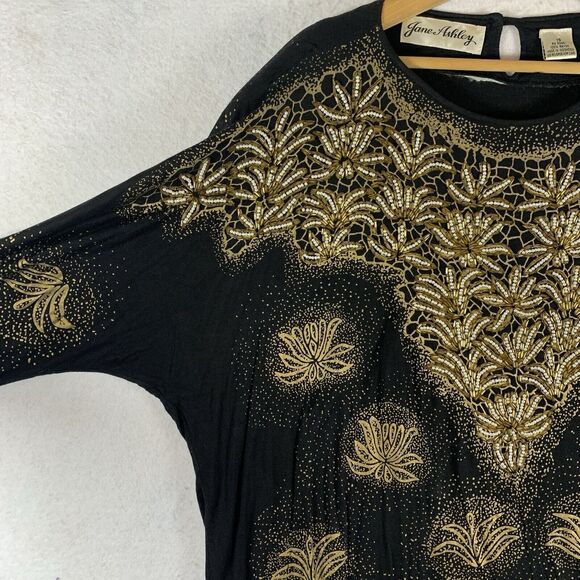 VTG Jane Ashley Womens Top Sz 16 Black Gold Beaded Lotus Flower Event - Picture 4 of 12